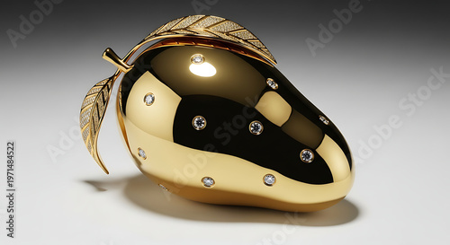 A polished golden strawberry ornament decorated with sparkling diamonds and intricate textures