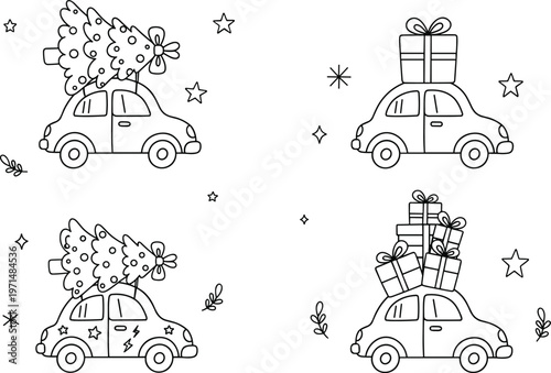 Christmas car line art set with holiday tree and gift boxes on roof for winter celebration and delivery vector.