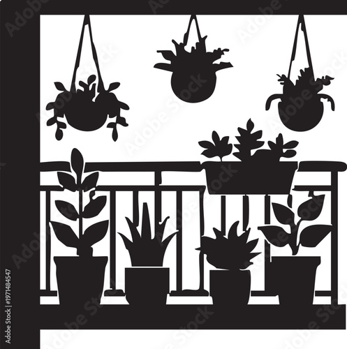 Balcony Garden Hanging Pots Greenery Vector Silhouette