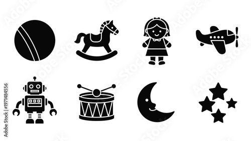 A collection of black silhouette icons depicts various childhood toys including a ball rocking horse and airplane high quality professional detailed