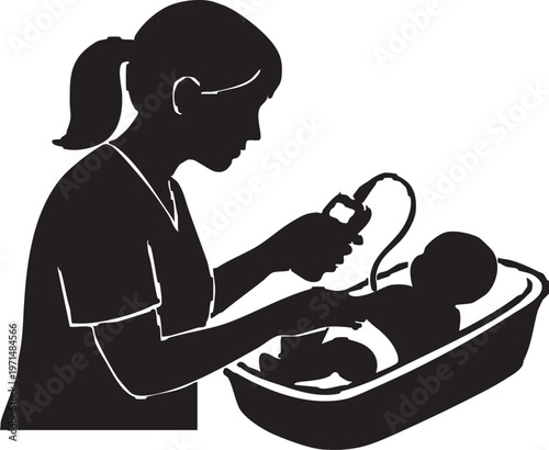 Audiologist Conducting Neonatal Hearing Screening on Infant Vector Silhouette