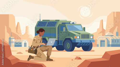 Female Engineer Using Laptop by Solar Powered Vehicle in Desert Base