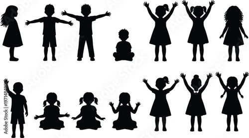 Collection of children silhouettes featuring boys and girls in various poses like sitting waving and cheering isolated on white background.