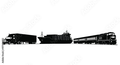 Transportation modes including a truck ship and train in dark silhouette