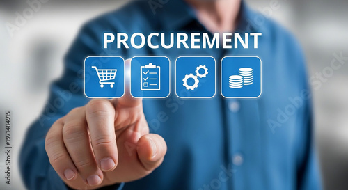 Procurement Process: A hand pointing at Procurement button, symbolizing the act of initiating and managing the process of obtaining goods or services
