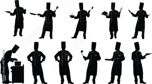 Professional chef silhouettes set holding kitchen tools cooking food and serving plates for restaurant catering and culinary business vector.