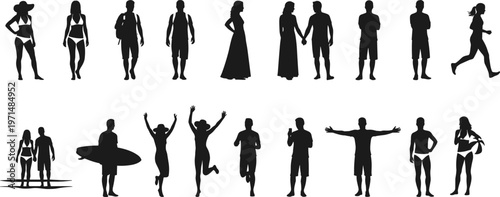 Large collection of black people silhouettes standing walking running and jumping in summer outfits and beach wear lifestyle vector.