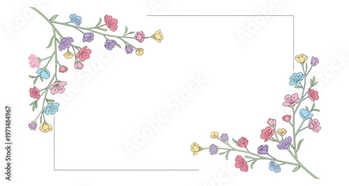 Floral Border with Delicate Blossoms and Empty Frame for Text Watercolor Style
