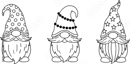 Cute Christmas gnome character set with black line art outlines and patterned hats for kids coloring book pages.