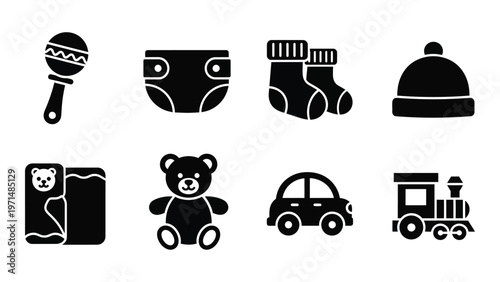 A collection of black silhouette icons depicting baby essentials including toys clothing and care items high quality professional detailed modern elegant