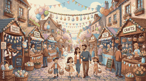 Happy family enjoying a bustling outdoor market with colorful stalls festive decorations and vibrant community spirit