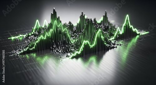 Abstract green market waveform with glowing peaks and depths