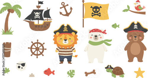 Cute pirate animal character set with lion polar bear and turtle featuring pirate ship anchor flag and palm tree vector.