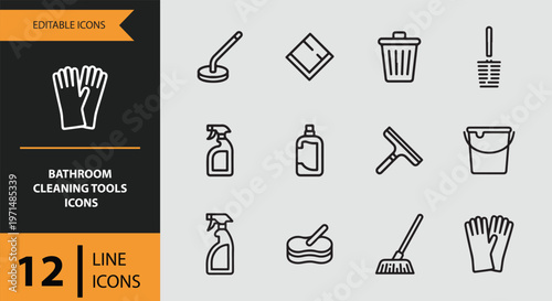 Bathroom cleaning tools icons in line style for editing purposes