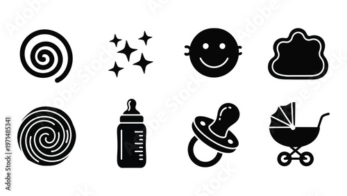 A collection of black silhouette icons depicting baby related imagery including swirls stars a smiling face and items high quality professional