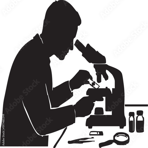 Forensic Scientist in Pathology Lab with Microscope Vector Silhouette