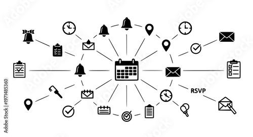Radial Event Planning Calendar with Connected Reminder and RSVP Icons Black Silhouette Vector Illustration