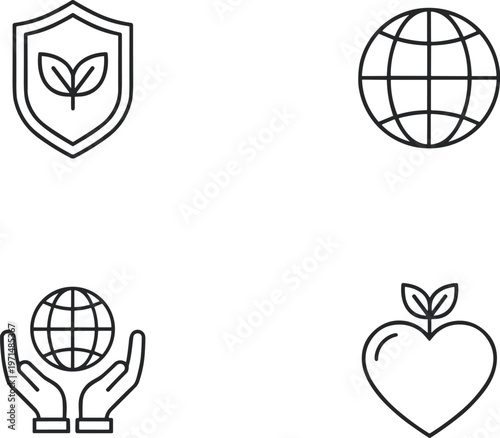Eco friendly icons set featuring linear symbols of green environment protection global sustainability earth care and heart shaped leaf for organic nature conservation (24 words)