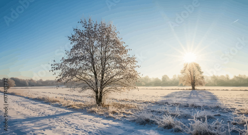 Winter landscape, snow covered field, trees, sunny day, frosty morning, cold weather