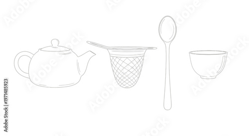 Line drawing of tea preparation items teapot strainer spoon and cup