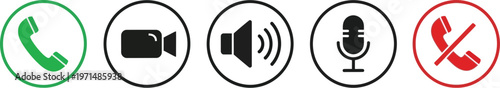 A modern vector graphic illustration presenting a set of five essential communication icons, including call, video, audio, microphone, and end call symbols for user interfaces.