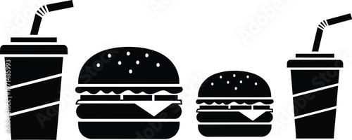 Minimalist vector illustration featuring delicious fast food burgers and refreshing soda cups for a modern restaurant menu design creative project
