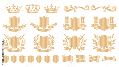 Medieval heraldic design set vector knight shield crown emblem.
