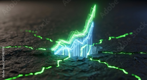 Glowing blue and green growth lines emerging from cracked ground