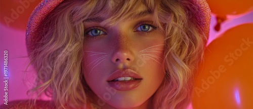 Whimsical wonder: capturing a child's bright moments of celebration. Digital artwork. Laughing girl in bunny paint with party hat during easter or birthday. Modern graphics. Art direction.