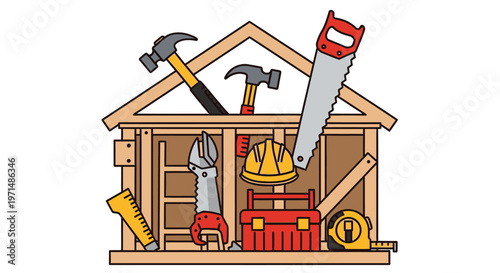 Cartoon illustration of construction tools arranged within a house frame
