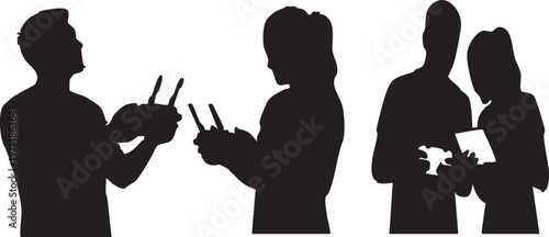 People Controlling Drone with Handheld Remote Vector Silhouettes
