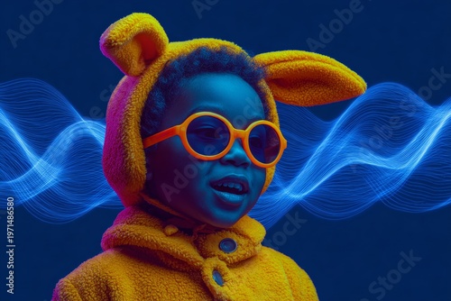 Whimsical joy: child's smile shines in bunny ears. Online networking. Playful scene with child, bunny ears, and two-tone background. Communication network. Digital networking.