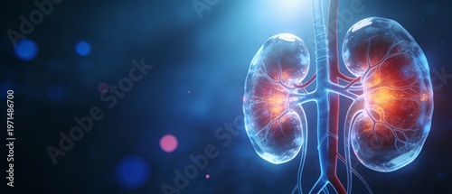 Glowing kidneys with ureters and blood vessels are shown in a medical illustration