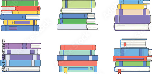 Stacked Book Collection Featuring Various Colorful Book Piles for Education, Library, and Reading Illustrations