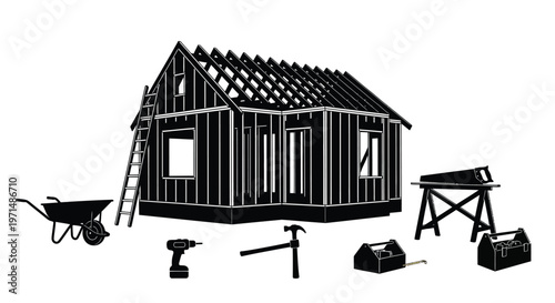 House under construction with tools a black and white illustration