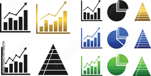 A vibrant collection of vector graphic business charts and graphs, including bar, line, pie, and pyramid illustrations, depicting data visualization and statistical analysis.