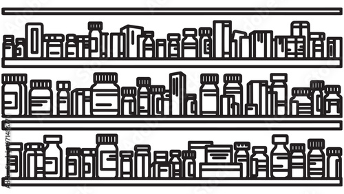 Monochrome Line Art Illustration of Pharmacy Shelves Stocked with Various Medicine Bottles, Jars, and Boxes for Healthcare and Wellness Products.