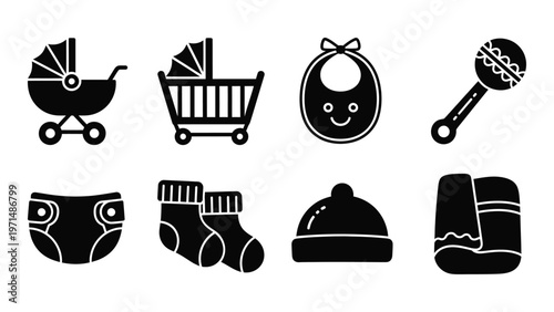 A collection of black silhouette icons representing essential baby items like strollers clothing and care products high quality professional detailed modern