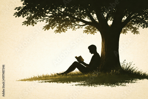 woman reading book under large tree in warm golden sunlight outdoor