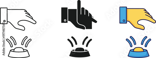 A versatile vector graphic illustration showcasing multiple design styles of a human hand pressing an interactive button element with radiating rings.