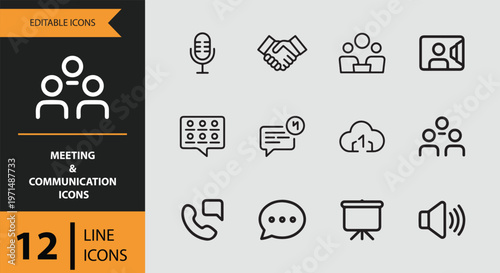 Editable meeting and communication line icons set for design projects