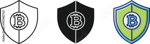 Set of three vector graphic shield icons featuring the bitcoin symbol design for secure digital currency and finance related projects