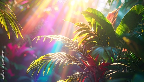 Lush tropical plants bask in sunlight with rainbow-colored beams