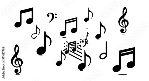 Notes musical scattered with varying pitches and dynamics floating in air featuring staff, treble clef, bass clef with eighth note and sixteenth note
