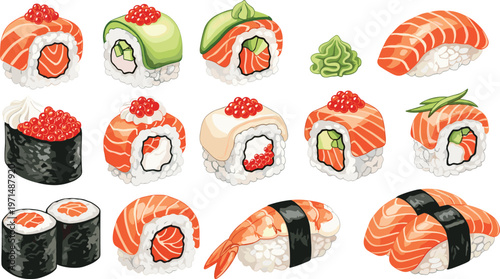 Sushi Collection Featuring Various Rolls, Nigiri, and Wasabi for Japanese Cuisine Illustrations