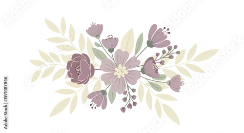 Delicate watercolor floral arrangement with soft purple flowers and muted green leaves on a white background