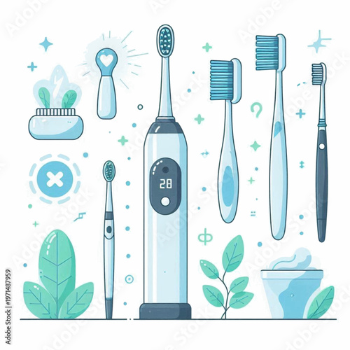 A collection of oral hygiene objects including toothbrushes toothpaste  plants