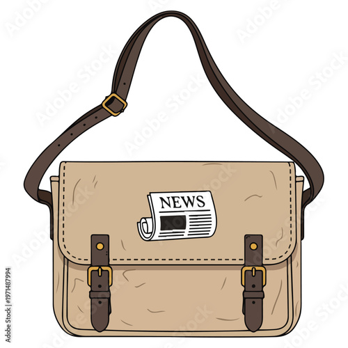 Vintage Canvas Messenger Bag With Newspaper Patch Vector Illustration