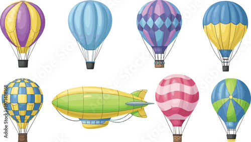 Hot Air Balloon and Zeppelin Collection Featuring Various Colorful Balloons for Travel and Adventure Illustrations