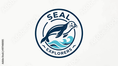 Dynamic illustrative emblem of a playful seal leaping over ocean waves, symbolizing marine exploration and wildlife conservation efforts through a clean, modern design